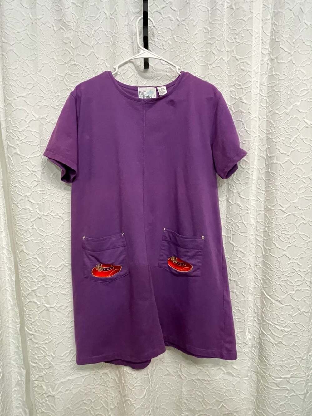 Palm Harbour Purple Red Hat Society Embroidered Pocket T Shirt Dress Large L